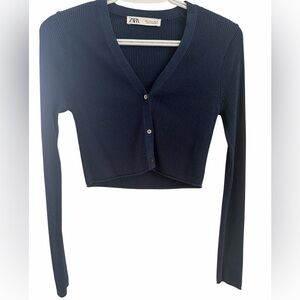 Zara Dark Button Front Blue Ribbed Crop Top